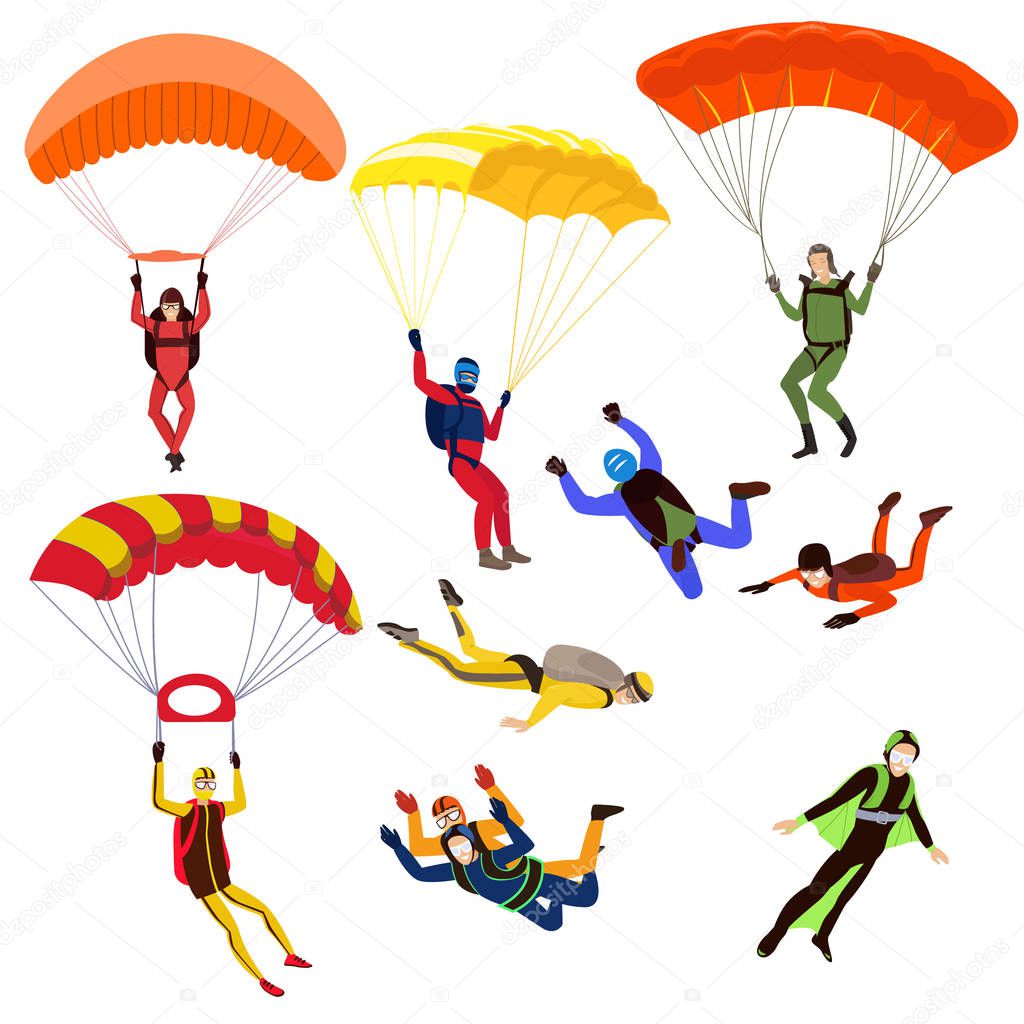 Set of parachutists involved in dangerous sports making jumps in the sky with a parachute. Extreme sport.