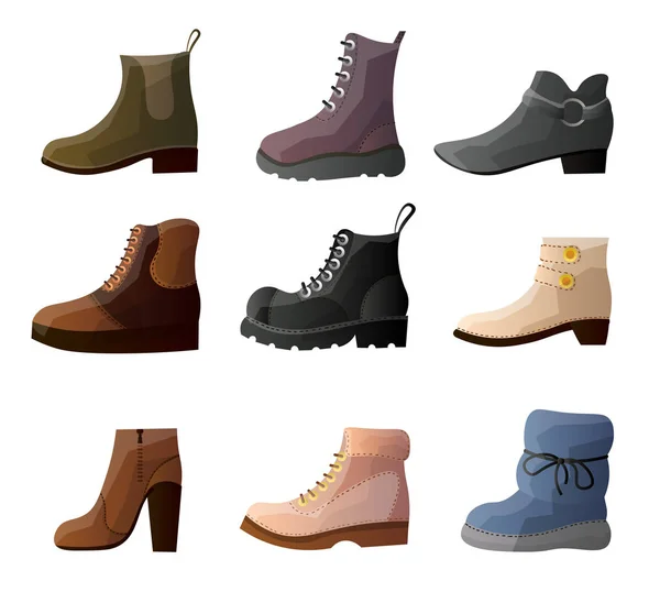 Zestaw kolekcja nowoczesne stylowe buty o różnych kształtach. — Wektor stockowy