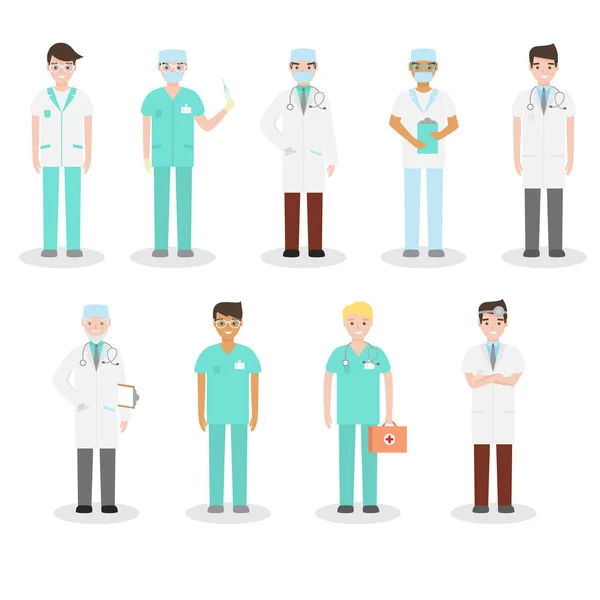 Conjunto de diferentes tipos de médicos con atuendo médico comprometidos en su trabajo . — Vector de stock