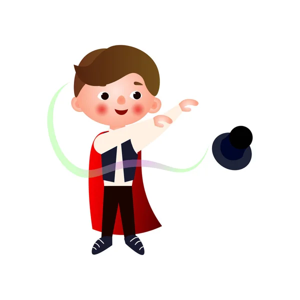 Um jovem mágico bonito ensaiando suas acrobacias para sua performance. O rapaz de roupa de mágico . — Vetor de Stock