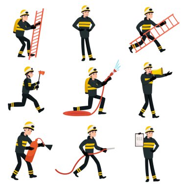 İtfaiye kurtarma ekipmanları ile iş yerinde siyah koruyucu üniforma ve kask giyiyor ayarla, profesyonel erkek Freman karakter onun iş vektör çizim yapıyor