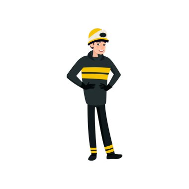 Siyah koruyucu üniforma ve kask, beyaz arka plan üzerinde izole onun iş vektör çizim yaparken profesyonel erkek Freman karakter itfaiyeci.