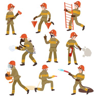 Çocuk itfaiyeci koruyucu üniforma ve ekipman kask giyiyor ayarla, Freman karakter onun iş vektör çizim yapıyor