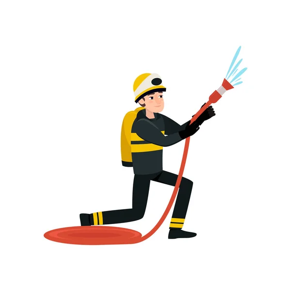 Firefighter Wearing Black Protective Uniform and Helmet Spraying Water with Hose, Professional Male Freman Character Doing His Job Vector Illustration — Stock Vector