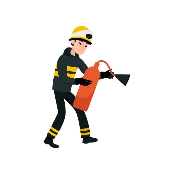 Hasič na sobě černé ochranné uniformy a helmu s hasicí přístroj, profesionální mužský charakter Freman dělá svou práci vektorové ilustrace — Stockový vektor