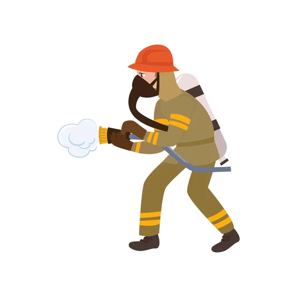 Ragazzo vigile del fuoco che indossa uniforme protettiva, casco e maschera, personaggio matricola che fa il suo lavoro illustrazione vettoriale — Vettoriale Stock