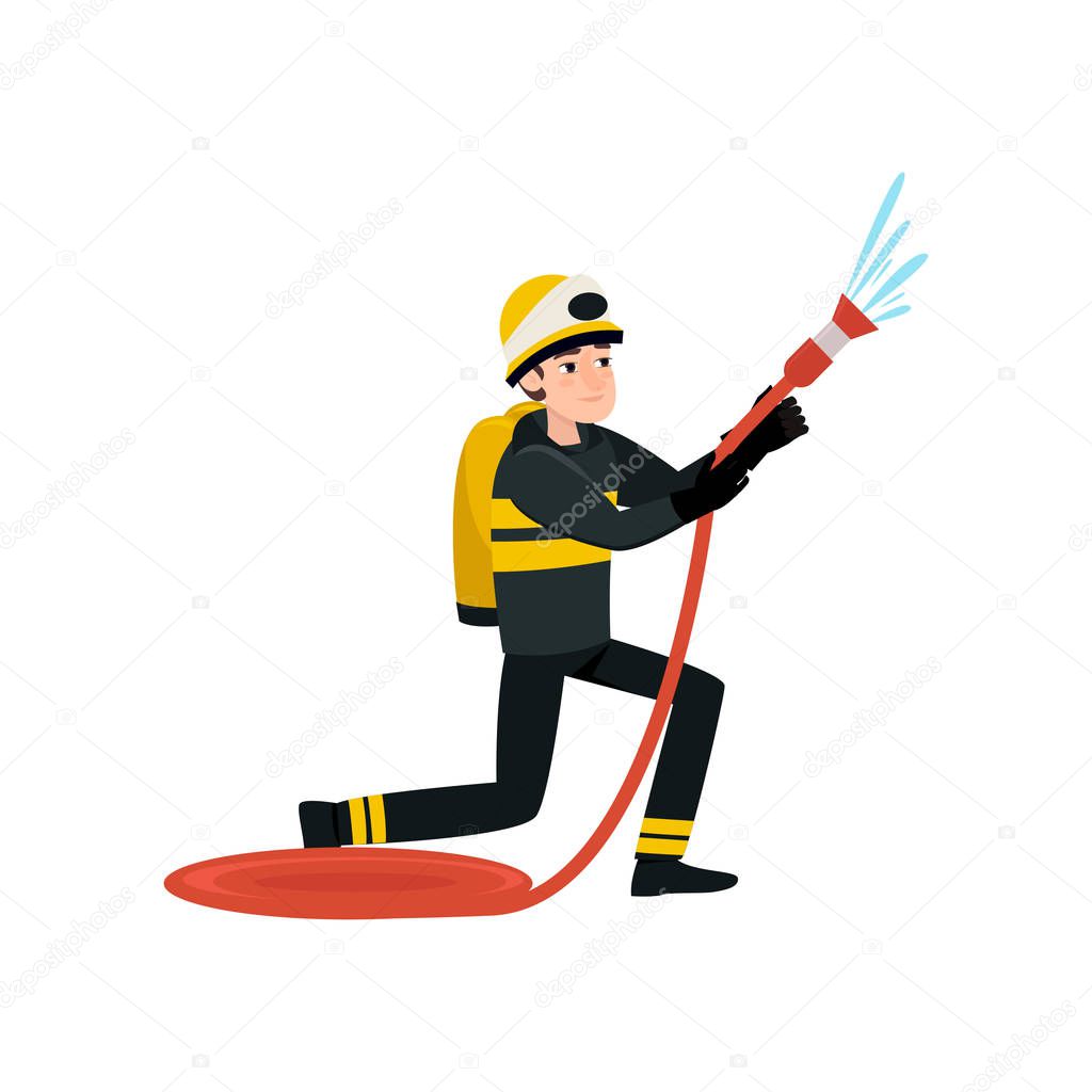 Firefighter Wearing Black Protective Uniform and Helmet Spraying Water with Hose, Professional Male Freman Character Doing His Job Vector Illustration