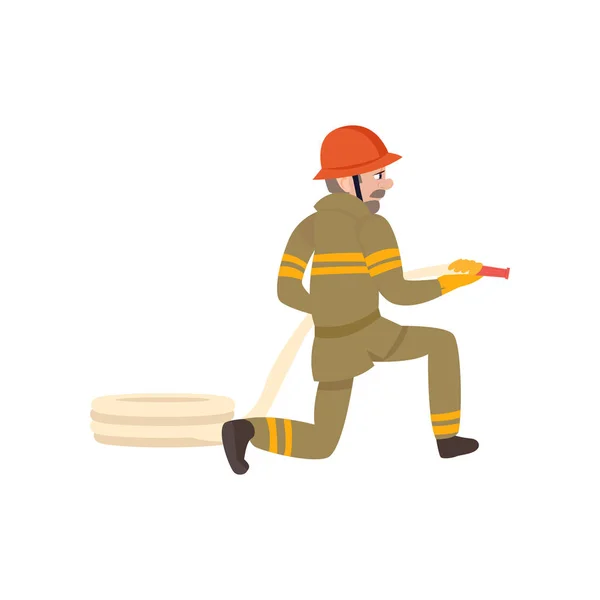 Chlapče, hasič nošení ochranné uniformu a helmu s hadicí, Freman postava dělá svou práci vektorové ilustrace — Stockový vektor