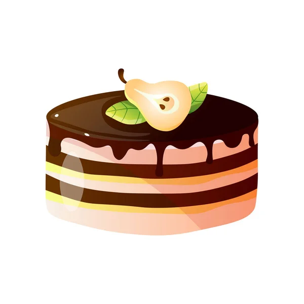 Delicioso pastel con pera fresca y chocolate, dulce postre sabroso Vector Ilustración — Archivo Imágenes Vectoriales