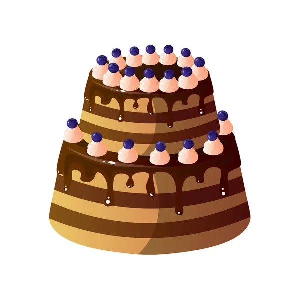 Delicioso pastel con arándanos frescos, chocolate y crema batida, postre sabroso dulce Vector Ilustración — Archivo Imágenes Vectoriales