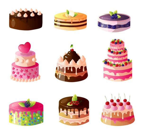 Colección de Deliciosos Pasteles con Frutas y Bayas Frescas, Dulces Sabrosos, Bodas o Postres de Cumpleaños Vector Illustration — Vector de stock