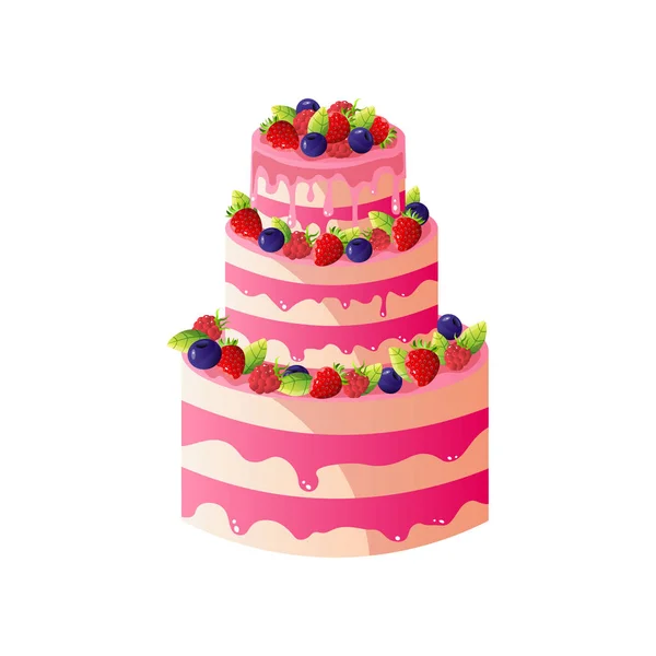 Delicious Cake with Fresh Berries, Sweet Tasty Dessert Vector Illustration — Stock Vector