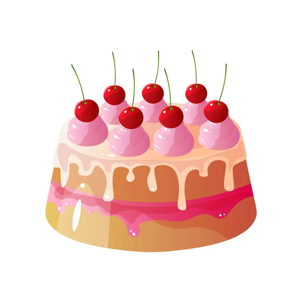 Delicioso pastel con crema batida y cerezas, dulce postre sabroso Vector Ilustración — Vector de stock