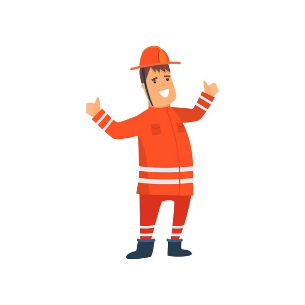 Pompier souriant portant l'uniforme et le casque de protection orange, personnage de bande dessinée masculin professionnel joyeux Freman faisant son travail Illustration vectorielle — Image vectorielle