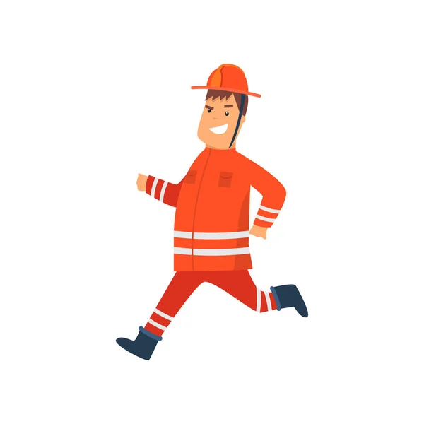 Pompier portant un uniforme de protection orange et un casque en cours d'exécution, homme professionnel joyeux personnage de bande dessinée Freman faisant son travail Illustration vectorielle — Image vectorielle