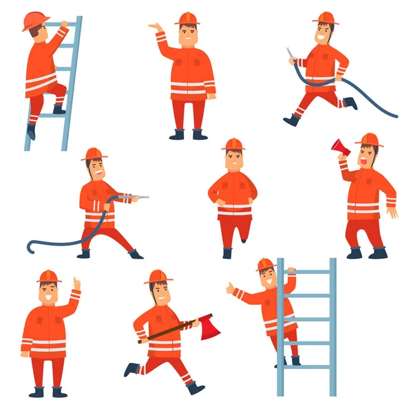 Carattere pompiere in uniforme protettiva arancione e casco con set di attrezzature di salvataggio, allegro personaggio professionale del fumetto Freman maschile che fa il suo lavoro Illustrazione vettoriale — Vettoriale Stock