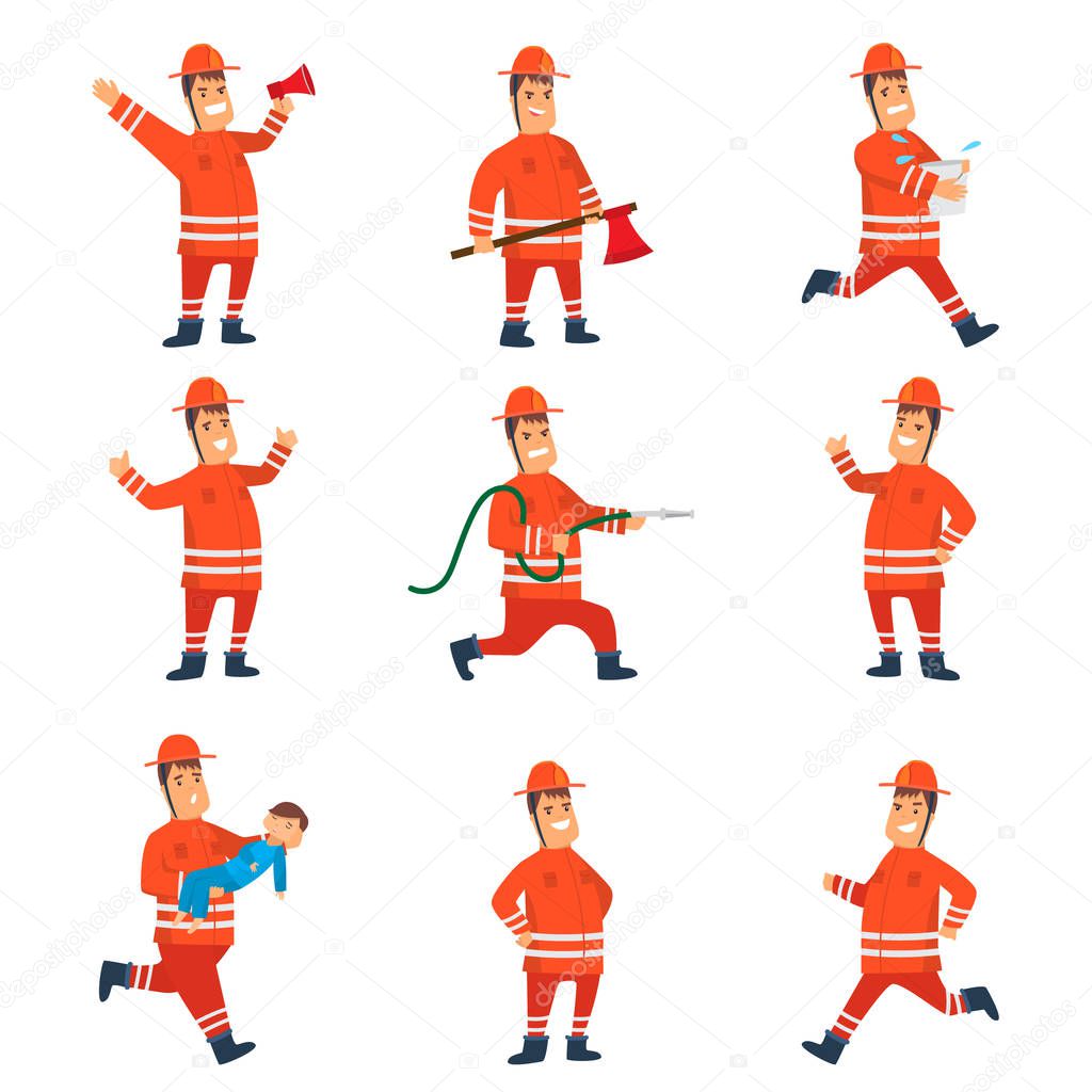 Smiling Firefighter in Orange Protective Uniform and Helmet Set, Cheerful Professional Male Freman Cartoon Character Doing His Job and Rescuing People Vector Illustration