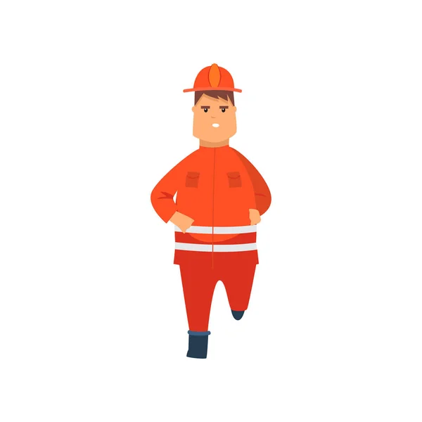 Pompier portant un uniforme de protection orange et un casque en cours d'exécution, vue de face, personnage de bande dessinée Freman masculin professionnel faisant son travail Illustration vectorielle — Image vectorielle