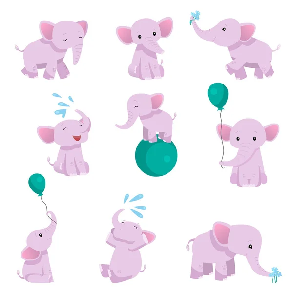 Collection of Lovely Baby Elephant Pink Animal Character in Different Poses Vector Illustration — Stock Vector