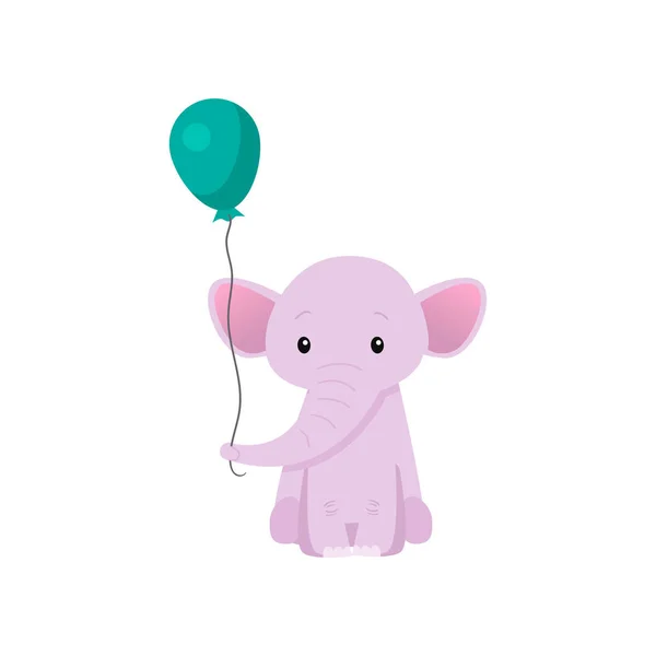 Bellissimo personaggio animale elefante rosa con palloncino, illustrazione vettoriale con vista frontale — Vettoriale Stock