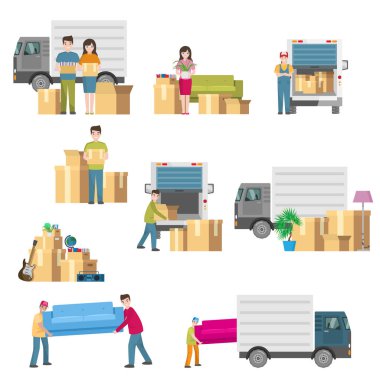 Genç bir aile hareketli, toplama ve mobilya ve eşya yükleme