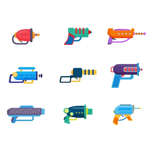 Prostor Ray Gun Set, Laser Blaster zbraň hračka různých barev a tvarů vektorové ilustrace — Stockový vektor