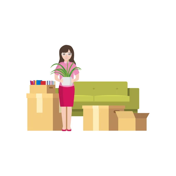 Movendo uma jovem com caixas embaladas ao redor —  Vetores de Stock