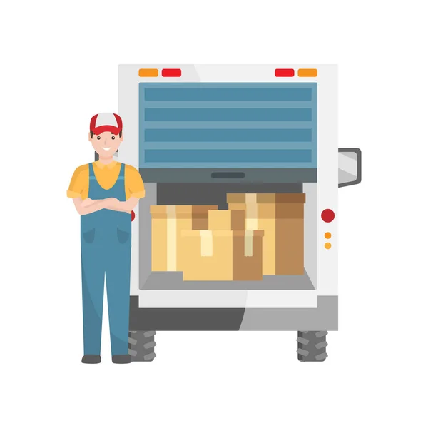 Servizio di trasporto per il carico di merci inscatolate in un camion — Vettoriale Stock