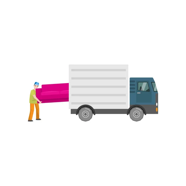 Άνδρας φορτώνει ένα μεγάλο ροζ καναπέ στον κορμό ενός φορτηγού, απομονώνονται σε λευκό — Διανυσματικό Αρχείο