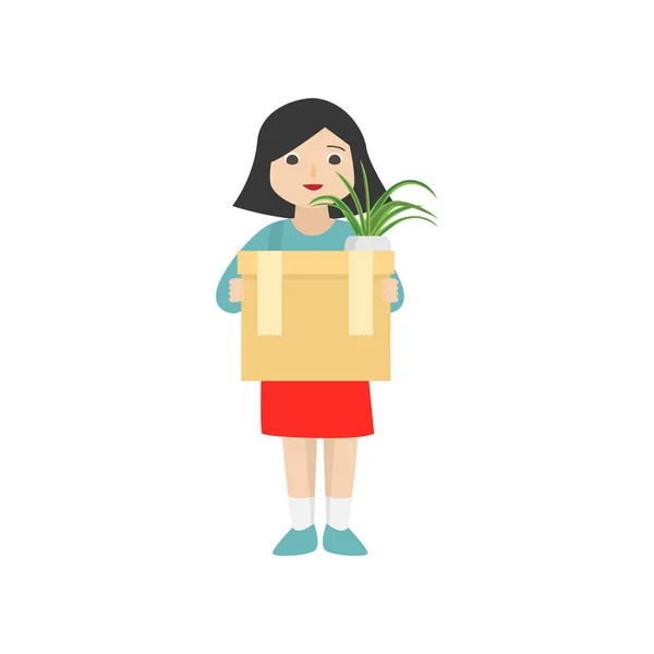 Женщина держит картонную коробку с личными вещами и цветок в кастрюле. — стоковый вектор