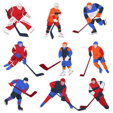 Hokey oyuncuları puck ve beyaz arka plan üzerinde izole putters ile kümesi