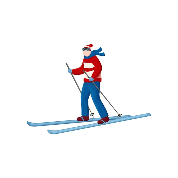 Skidåkare i ski kostym med flygande halsduk i vinden är redo att stiga ned från berget — Stock vektor