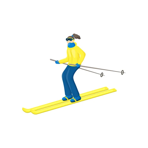 Young woman in a yellow jacket slowly skiing down the mountain — Stock Vector