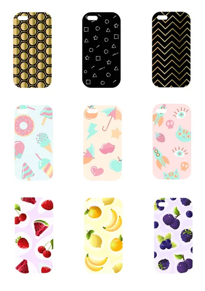 Conjunto de fundas para teléfonos inteligentes con adornos geométricos de moda, frutas, pasteles y diseño abstracto . — Vector de stock
