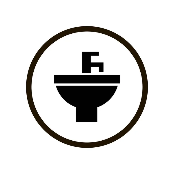 Signo de inodoro simple con lavabo negro y grifo de agua en círculo aislado sobre fondo blanco — Archivo Imágenes Vectoriales