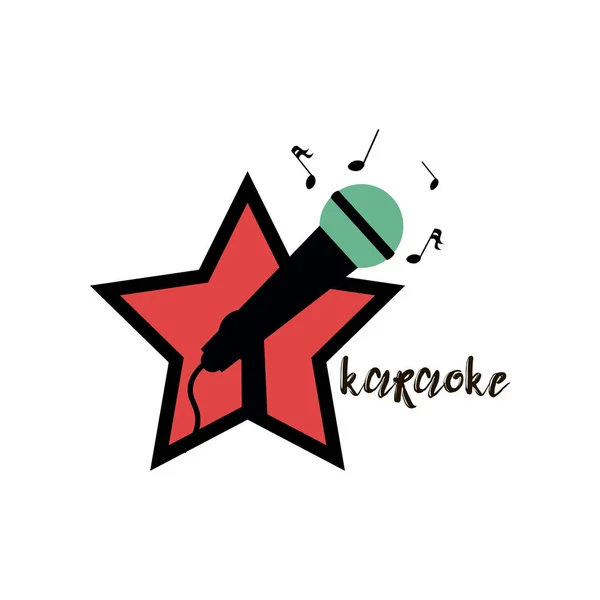 Isolado em karaoke branco convidar cartaz com microfone verde e preto e estrela vermelha circundante com notas e inscrição —  Vetores de Stock