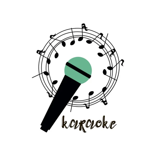 Isolado no emblema de karaoke branco, logotipo, folheto com microfone verde e preto e círculo de notas linha e inscrição —  Vetores de Stock