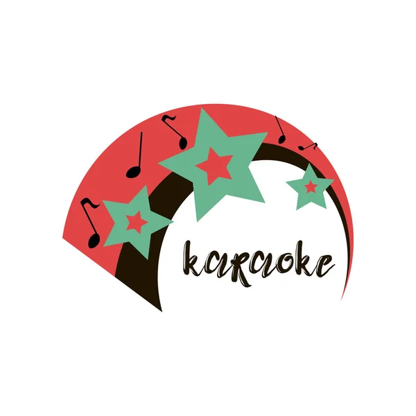 Aislado en el emblema creativo blanco del karaoke, logotipo, volante con tres estrellas dobles grandes, más pequeñas y más pequeñas verdes y rojas, cinco notas negras, dos arcoíris de color — Vector de stock