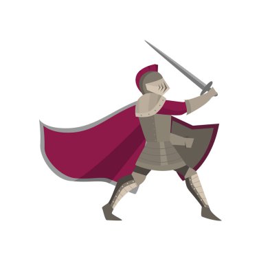 Hareketli warrior knight ile beyaz bir arka plan üzerinde elinde yükseltilmiş kılıç