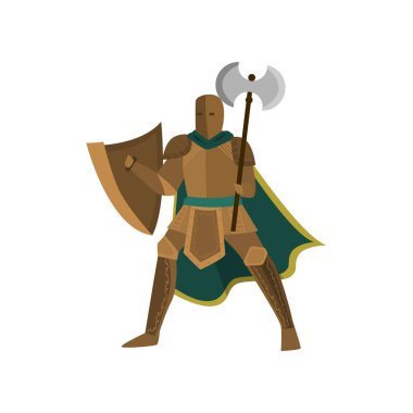 Elinde bir balta tutan bir açık poz tribünlerde savaşçı cesur ve başka bir kalkan