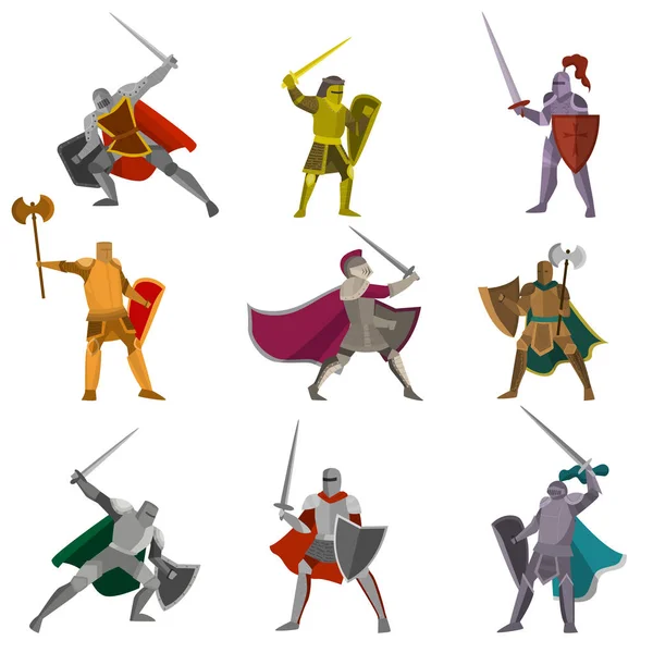 Ensemble de chevaliers de couleur dans différentes poses haches à main, feuilles, swofds sur fond blanc — Image vectorielle