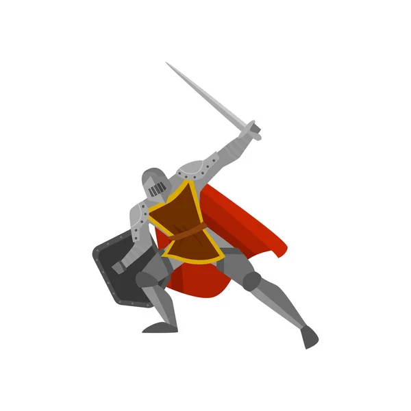 Крупный план рыцаря в военной позе с поднятым мечом в руке и опущенным щитом в красном плаще на белом фоне — стоковый вектор