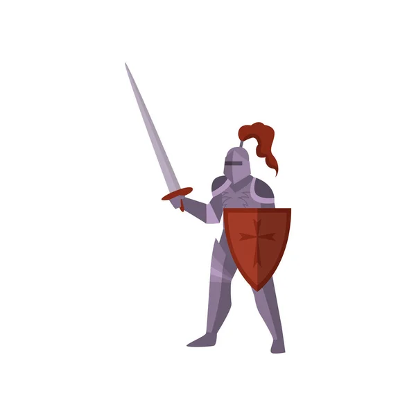 Närbild av riddare står i violett rustning, höjer svärdet och skyddar kroppen med röd sköld på vit bakgrund — Stock vektor