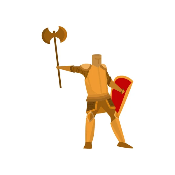 Close-up of heavyset knight stands in yellow armor, holding poleax high over head in one hand and shield in the other. — Stock Vector