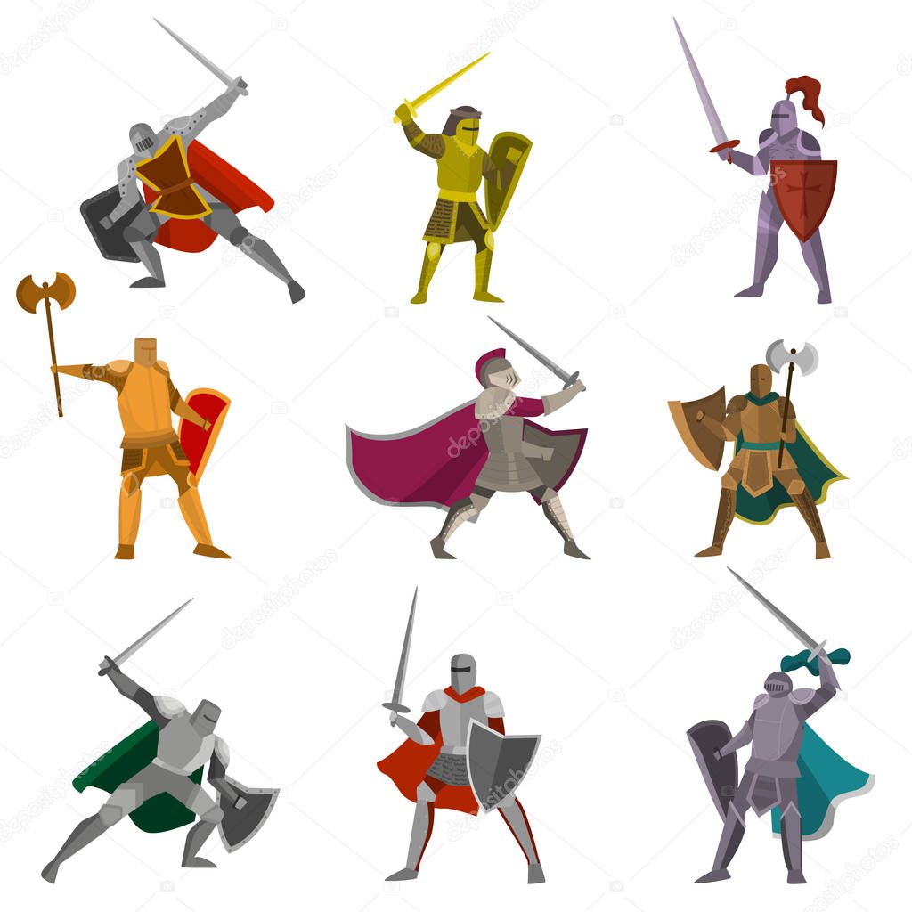 Set of color knights in different poses hand axes, foils, swords. Warrior characters, different heroes in armor with weapon and shield. Men fighting in war.
