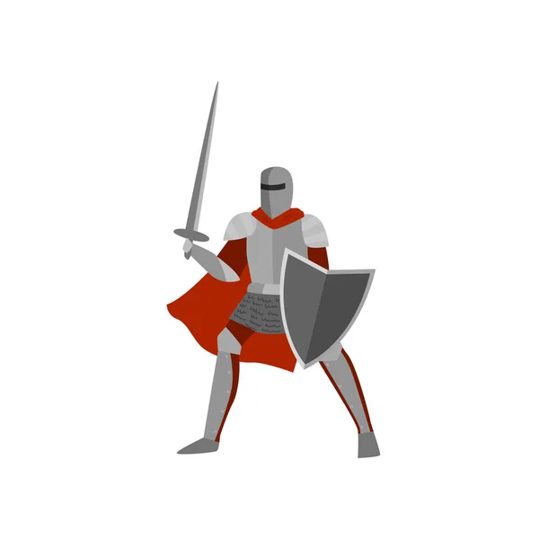 Valiente caballero en armadura de metal gris y casco está listo para repeler el ataque levantando la espada — Vector de stock