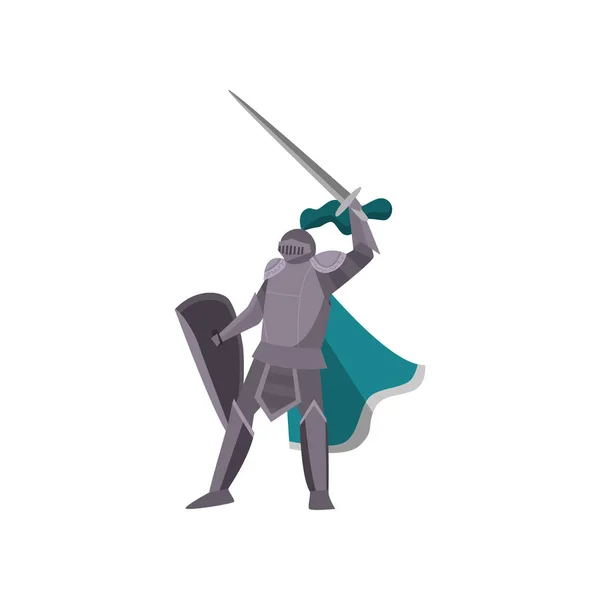 Cavaleiro de armadura cinzenta ergueu a espada acima da cabeça como sinal de vitória . — Vetor de Stock