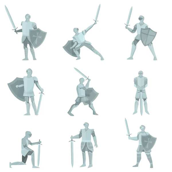 Conjunto de caballeros en armadura de acero gris con hachas de mano, láminas, espadas en diferentes poses sobre fondo blanco — Vector de stock