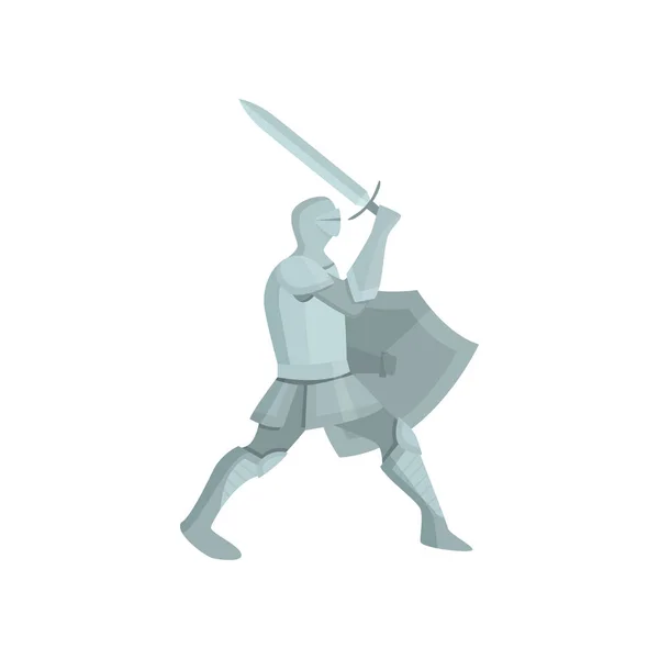 盾と剣攻撃に行くと灰色の鎧の騎士の図 — ストックベクタ