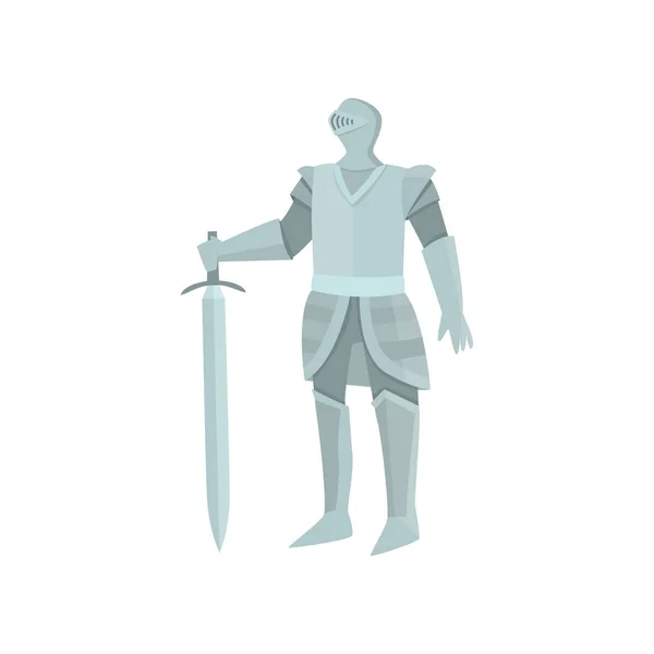 La figura del tranquilo caballero de armadura gris con espada en la mano izquierda sobre fondo blanco — Vector de stock